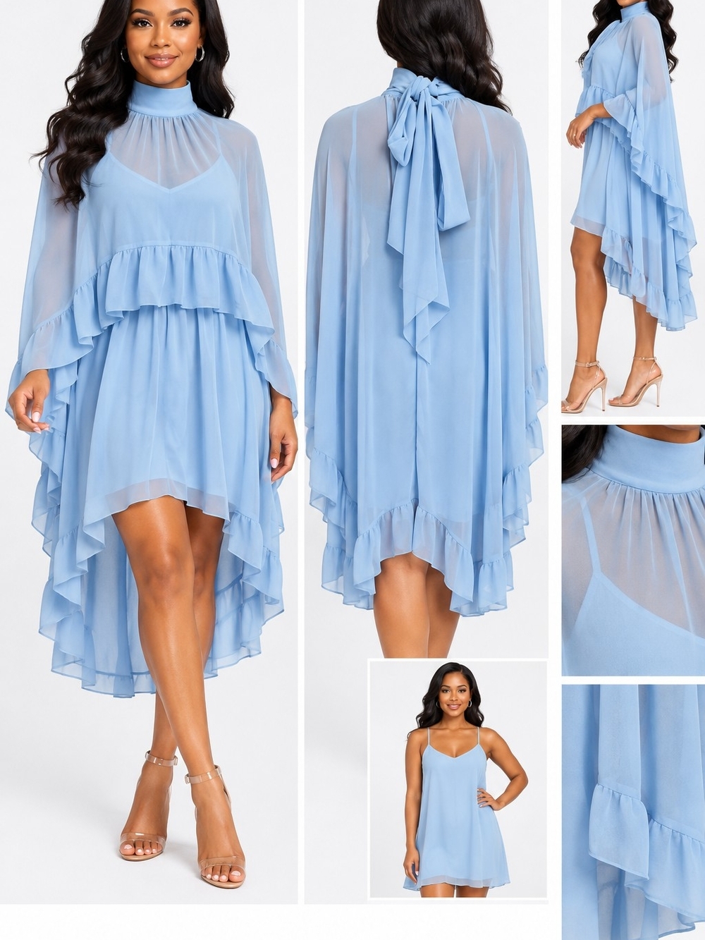 Light Blue Chiffon Dress with Mock Neck Cape and Bow Back